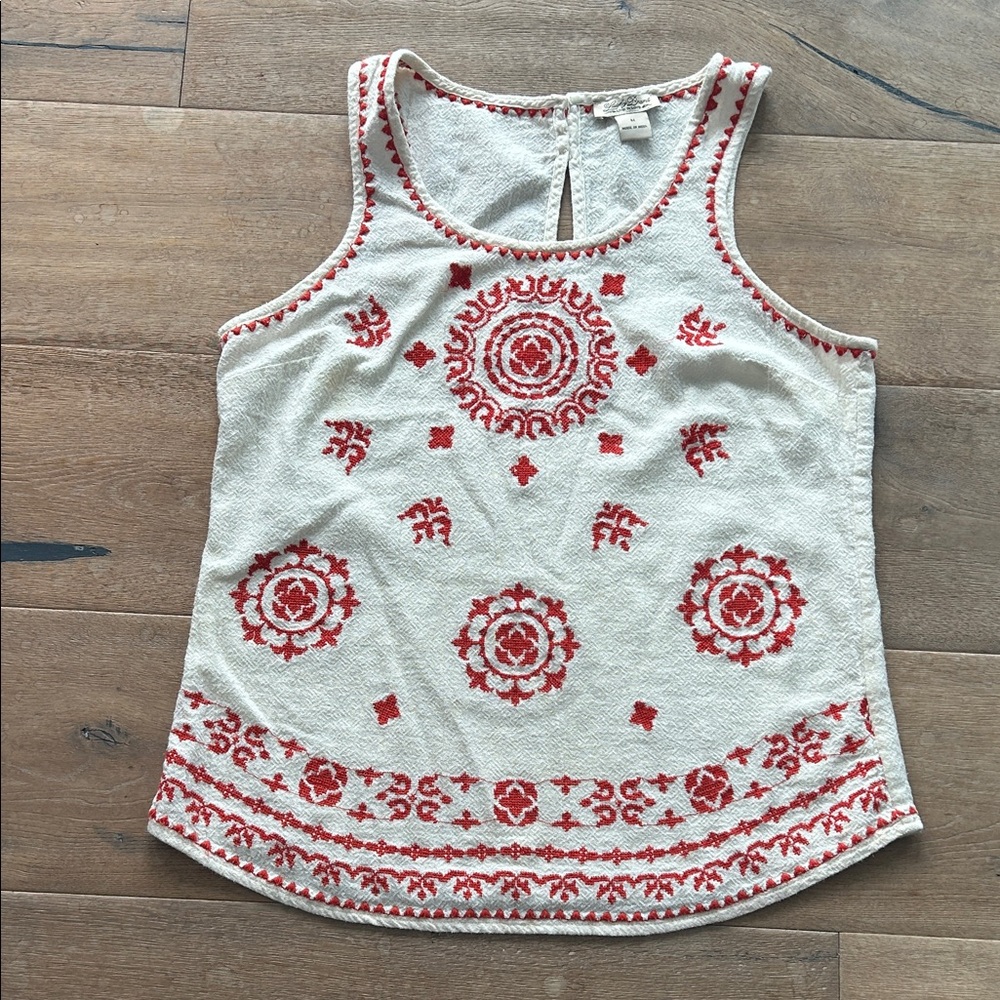 Lucky Brand Red and Cream Embroidered Tank Top